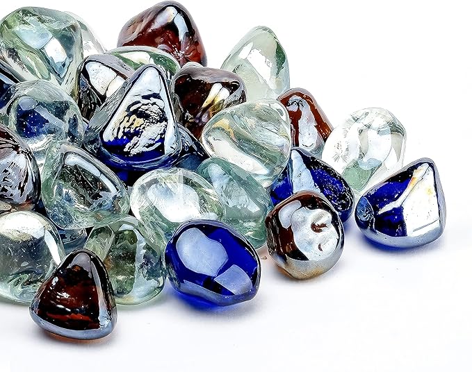 Fire Glass Diamond 1 Inch Fire Pit Glass Rocks for Propane or Gas Fire Pit (Gift Package) (20 Pounds, White/Cobalt Blue/Amber Luster Blend)