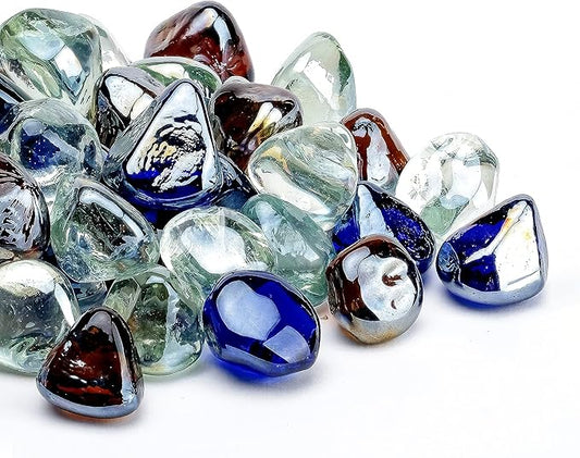 Fire Glass Diamond 1 Inch Fire Pit Glass Rocks for Propane or Gas Fire Pit (Gift Package) (10 Pounds, White/Cobalt Blue/Amber Luster Blend)