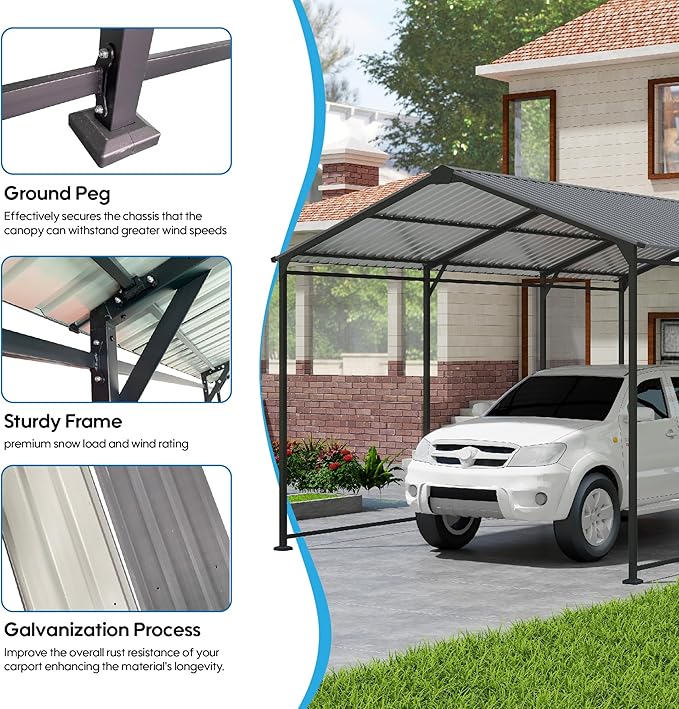 Ball & Cast 10x15 FT Carport with Galvanized Steel Roof, Heavy Duty Metal Carport Canopy, Metal Car Shelter Outdoor Storage Shed for Car, Boats, Truck,Gray