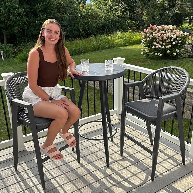 PURPLE LEAF Outdoor Counter Height Bar Stools Set of 3 Wicker Rattan Counter Stools Bar Chairs Barstool and Table for Patio Kitchen Island Lawn Grey