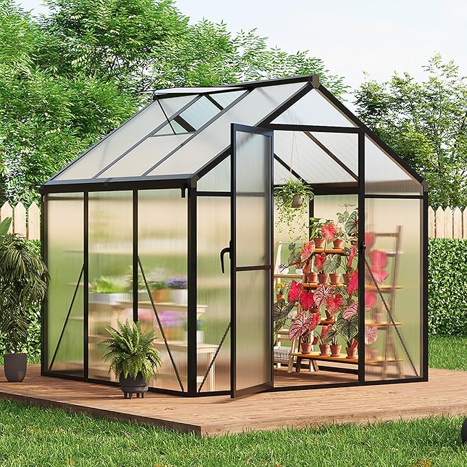 6x6 FT Greenhouse for Outdoors, Polycarbonate Greenhouse with Roof Vent, Ground Nails, Lockable Push Door, Aluminum Large Walk-in Green House for Outside Garden Backyard, Patio, Lawn, Black
