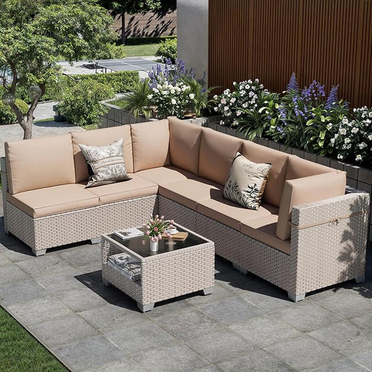 7 Pieces Patio Furniture Set, Outdoor Sectional Wicker Sofa with Thick Cushions and Storage Coffee Table, Rattan Patio Conversation Sets for Deck Yard Poolside, Khaki