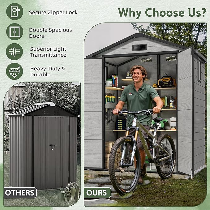 6×4FT Plastic Outdoor Storage Shed, Double Door Tool Shed with Transparent Roof and Vent, Lockable Door with Key, Storing Patio Furniture, Gardening Tools, and Bicycle Accessories