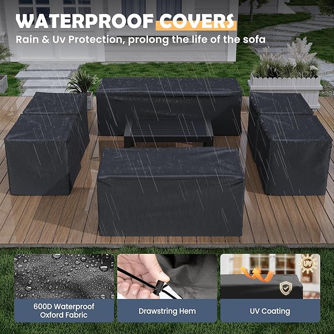 Amopatio Aluminum Patio Furniture Set, 10 Pieces Modern Patio Conversation Sets, Outdoor Sectional Metal Sofa with Coffee Table for Balcony, Garden (Included Waterproof Covers)