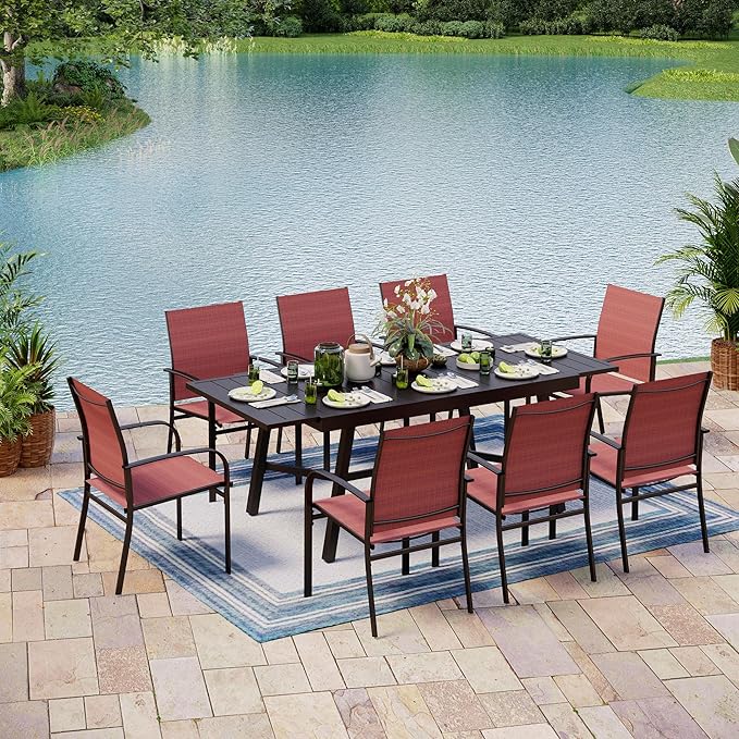 9 Pieces Patio Table and Chairs Set, Patio Dining Set for 8, 8 Red Textilene Chairs and 1 Expandable Patio Dining Table with Umbrella Hole, for Deck Backyard Lawn Poolside