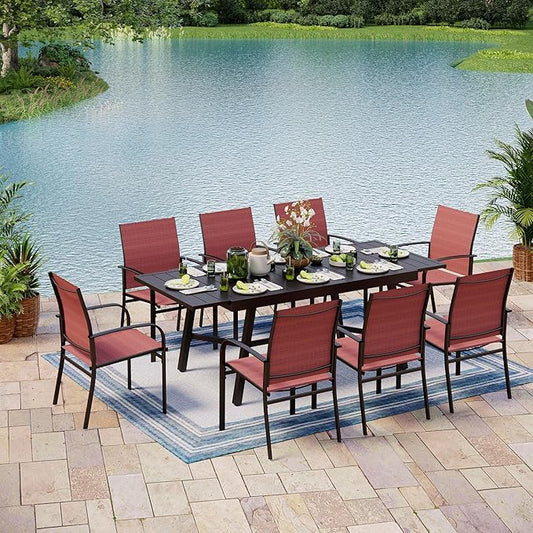 9 Pieces Patio Table and Chairs Set, Patio Dining Set for 8, 8 Red Textilene Chairs and 1 Expandable Patio Dining Table with Umbrella Hole, for Deck Backyard Lawn Poolside