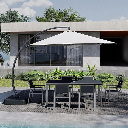 Kingdura 7 Piece Patio Dining Set for 6, HDPE Outdoor Table & Chairs with 11ft Cantilever Patio Umbrella, All-Weather Outdoor Furniture Patio Conversation Set for Lawn Pool Backyard, Blue