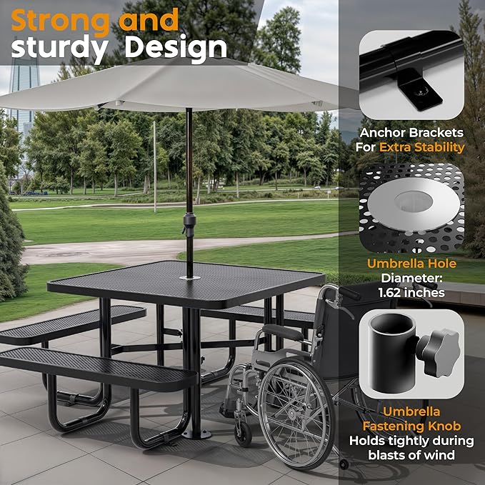 OUTTANS Metal Picnic Tables for Outdoors with Umbrella Hole - Coated Steel Heavy Duty Commercial Grade Furniture with Adjustable Seats (Black, 46 in, Square, Punched Steel)