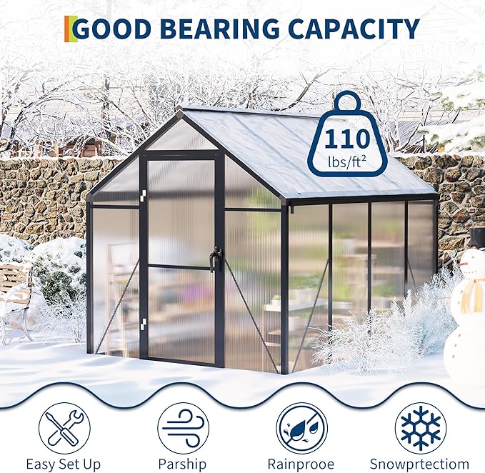 6 X 10 Ft Greenhouse, Greenhouses for Outside, Polycarbonate Greenhouse with Aluminum Frame, Lockable Door and Ajustable Roof Vent for Backyard, Green Houses for Outside Garden Backyard, Patio