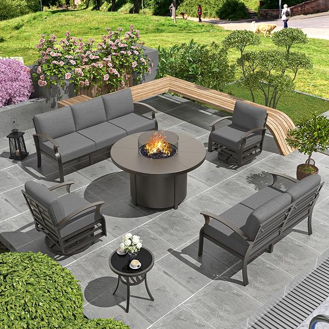Aluminum Patio Furniture Set with Round Fire Pit Table, 7 Seats Outdoor Conversation Sets Modern Metal Patio Sectional Sofa with Upgrade Cushions for Patio, Backyard Grey