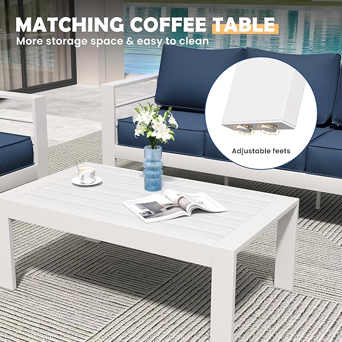Amopatio Aluminum Patio Furniture, 8 Pieces Metal Outdoor Furniture Set, Outdoor Sectional Modern Sofa Sets with Coffee Table for Pool, Garden, White&Blue (Included Waterproof Covers)