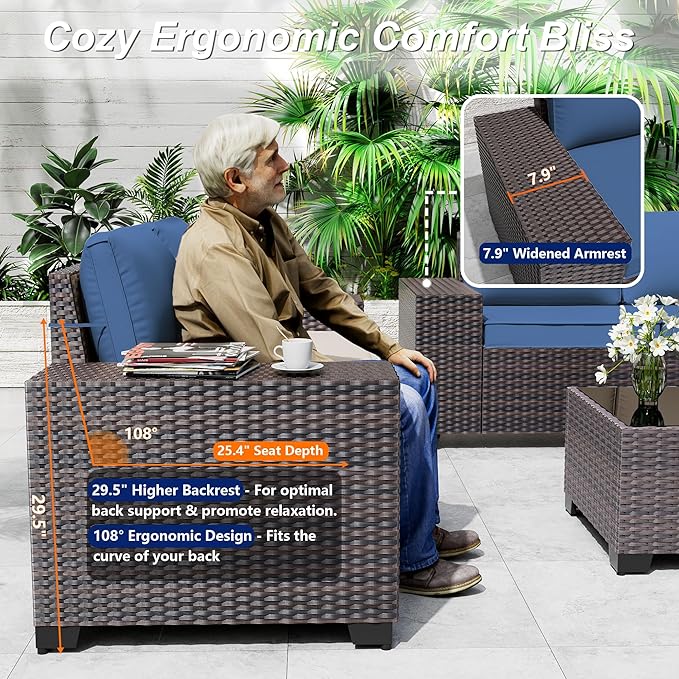 Outdoor Patio Furniture Set with Gas Fire Pit Table, 13 Pieces Patio Sectional Sofa w/43in Propane Fire Pit, PE Wicker Rattan Patio Conversation Set - Blue.