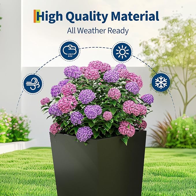 CABIHOME 30 Inch Tall Outdoor Planters Set of 2, High Front Porch Planter Pots with Drainage Holes, Water Level Monitor and Wheels, for Porch or Patio, Black