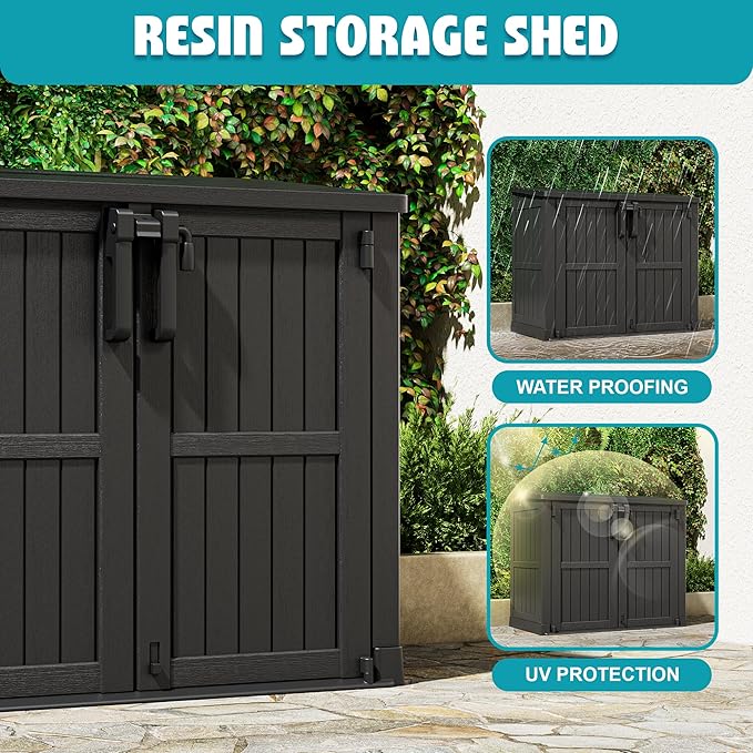 Horizontal Resin Storage Shed 36 Cu Ft with Lockable Doors, Portable Outdoor Storage Cabinet -Waterproof Outdoor Storage Box for Backyards, Easy to Assemble Black