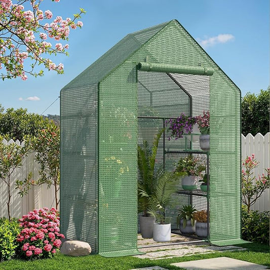 Greenhouse for Outside with Screen Windows, Outdoor Walk in Greenhouses with Durable PE Cover, 57 x 57 x 76'' Small Portable Green House with Shelves Stands,Green