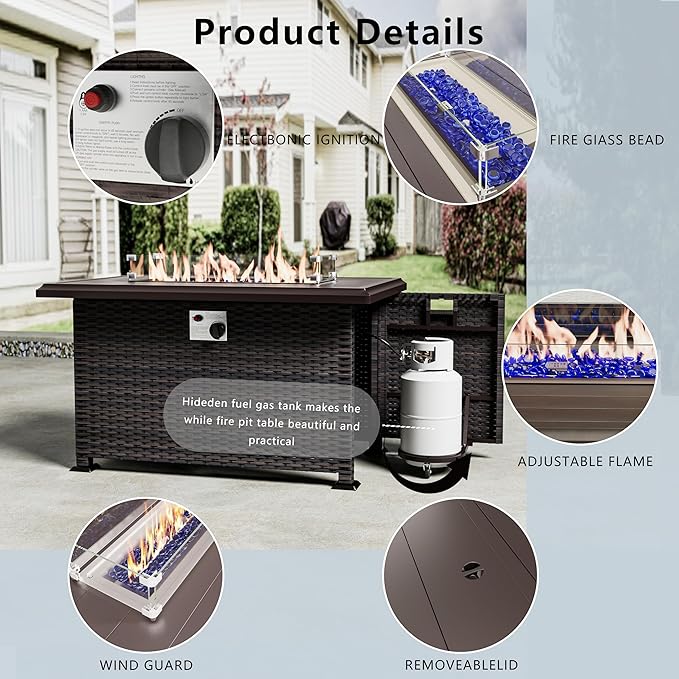 Outdoor Patio Furniture Set with Fire Pit Table, 6 Pieces Outdoor Furniture Patio Sectional Sofa PE Rattan Conversation Sets w/43 Propane Gas Firepit & Coffee Table for Outside -Dark Blue.
