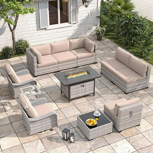 8-Seat Outdoor Wicker Patio Furniture Set with Fire Pit Table, Modular Rattan Sectional Sofa & 2 Swivel Rocking Chairs, 4" Thick Cushions, Rust-Resistant Frame,Beige