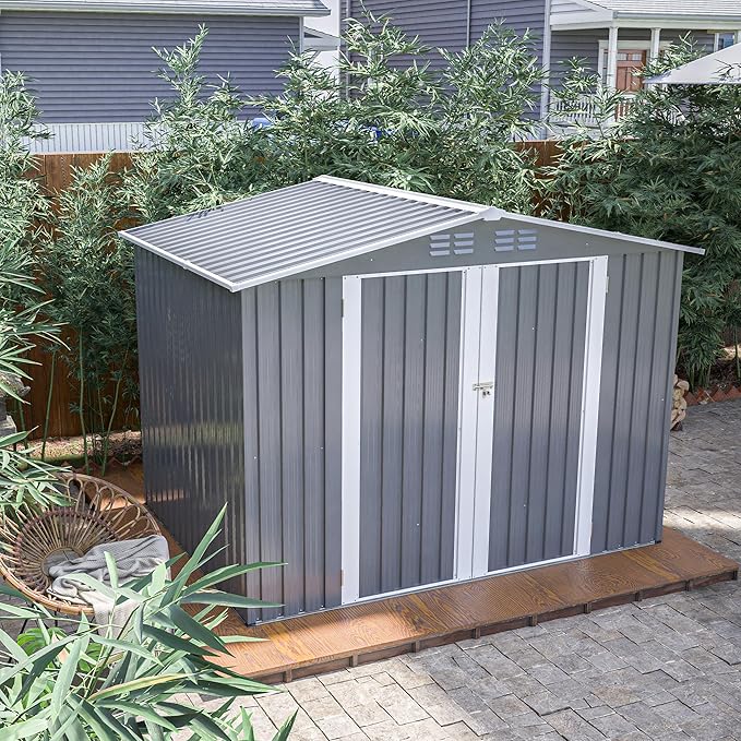6x8 FT Outdoor Storage Shed, Metal Garden Shed with Frame Floor, Outside Tool Shed with Lockable Hinged Doors, Waterproof Storage Building with Sloped Roof for Backyard, Patio, Lawn, Gray