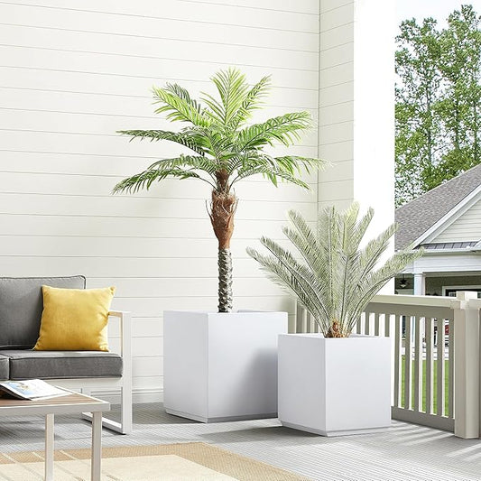 Wallowa Metallic Heavy Planter Box for Outdoor or Indoor, No Assemble and Seamless, Large Square Planter, Cube Planter for Tall Trees, Plants, Flowers 21Lx21Wx24H 35Pounds White