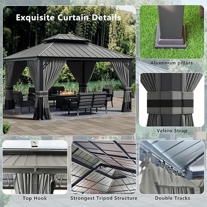12x14ft Hardtop Gazebo Double Roof, Outdoor Pavilion with 2-Layer Hard top Galvanized Iron Frame Garden Tent, Suitable for courtyards, backyards, Decks, and Grass