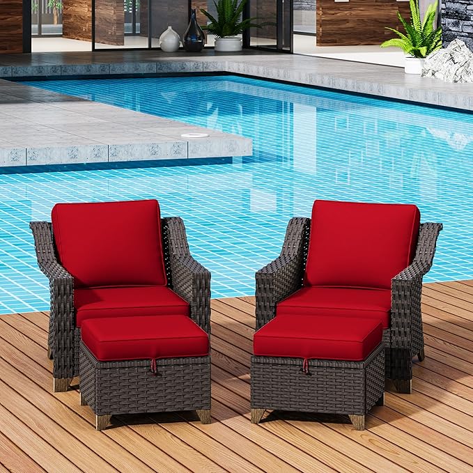 4 Pieces Patio Conversation Furniture Set - 2 Chairs with Ottomans Set of 2, Outdoor Wicker Armchairs with Water-Resistant and Washable Cushions for Porch, Balcony, Sunroom (Red)
