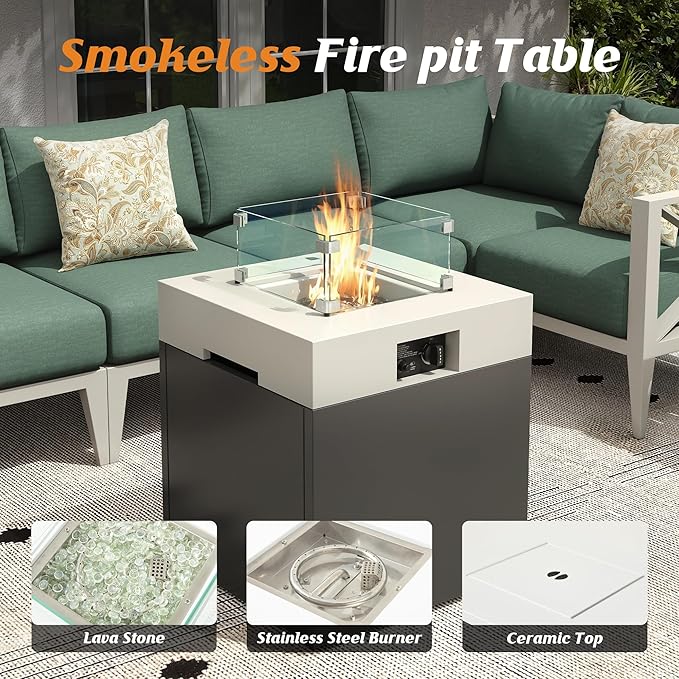 Aluminum Patio Furniture Set with Fire Pit Table,7-Seats Patio Sectional Conversation Sofa with 6" All-Weather Cushions and Coffee Table,Furniture Set for Deck, Porch, Garden (White)