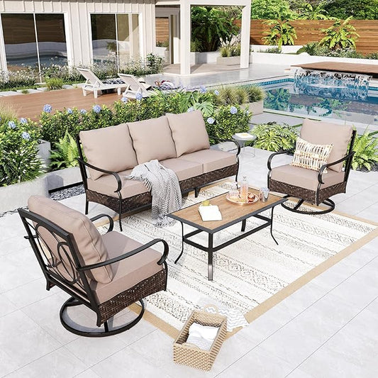 GREEN PARTY Extra Large Outdoor Patio Furniture Set 4 Pieces for 5, Modern Metal Patio Conversation Sets with High Back 3-Seat Sofa, 2 Swivel Chairs, 1 Coffee Table, for Garden, Backyard