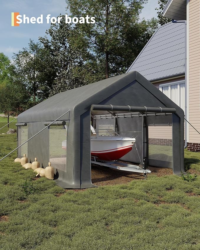 13x20 Ft Carport, Heavy Duty Portable Garage with Roll-Up Doors & 4 Windows,200g PE Tarp Waterproof & UV Protected,All-Weather Design,for Car, Boat, Truck, Motorcycle, ATVs, and SUV