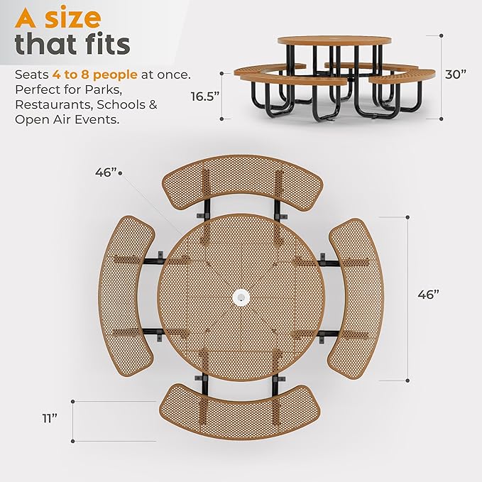 OUTTANS Metal Picnic Tables for Outdoors with Umbrella Hole - Coated Steel Heavy Duty Commercial Grade Furniture Set with Adjustable Seats (Brown, 46 in, Round, Punched Steel)