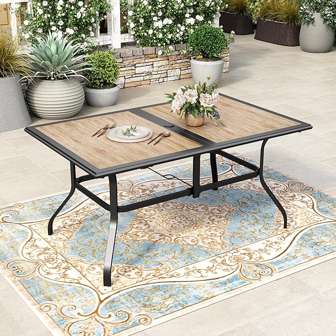 HERA'S HOUSE Patio Dining Table, 60"x38" Rectangle Outdoor Dining Table Top with Umbrella Hole and Metal Steel Frame for Lawn Garden Backyard