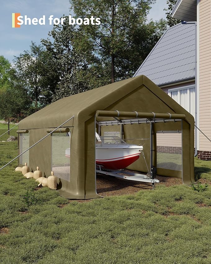 13x20 FT Carport,Heavy-Duty Carport with 4 Roll-Up Windows & Doors, Portable Garage 200g PE Tarp, Waterproof & UV Protected Outdoor Shelter for Car, Boat, Truck, Motorcycle