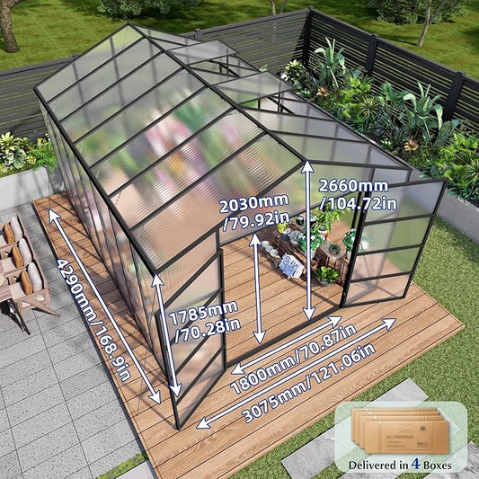KEIKI Walk-in 10x14 FT Polycarbonate Greenhouse, Aluminum Frame Outdoor Greenhouse with Roof Vent, Anchor Base & UV-Blocking Panels for Backyard Gardening, Black