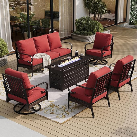 6 Piece Black Metal Outdoor Patio Furniture Sets with Firepit Table, Patio Conversation Sets 1 3-Seater Sofa, 2 Leg Sofa and 2 Swivel Sofa with 5.75" Cushion for Backyard Deck, Red