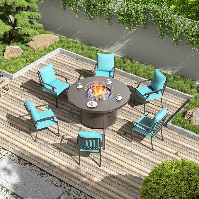 7 Pieces Patio Furniture Set with Round Fire Pit Table, Outdoor Conversation Sets 6 Chairs with Upgrade Cushions for Patio, Backyard Blue