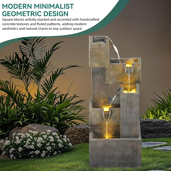 Autodaya 32.5" Modern Outdoor Water Fountain with LED Lights, 5-Tier Stacked Blocks Garden Fountain Cascading Waterfall Feature for Relaxing Garden, Patio, Backyard, Deck, Porch or Home Décor