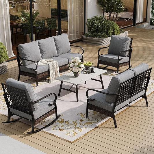 5 Piece Metal Outdoor Patio Furniture Set, Patio Conversation Sets 3-Seater Sofa, 2-Seater Sofa, 2 Rocking Sofa with 5.75" Thick Cushion & Coffee Table Black Backyard Furniture, Gray