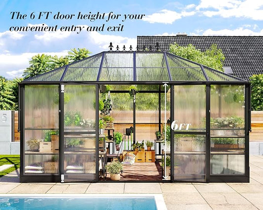 Jocisland 14x9.5x9 FT Polycarbonate Greenhouse- 6 FT Wall Height Outdoor Aluminum Greenhouses with 2 Ventilation and Rain Gutter, Double Doors with Hook, Walk-in Greenhouse for Backyard Garden
