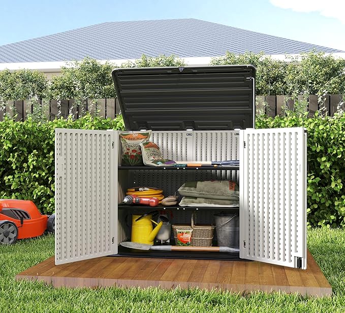 HOMSPARK Storage Shed Weather Resistance, Multi-Purpose Outdoor Storage Cabinet for Backyards and Patios, Horizontal Storage Shed for Lawnmower, Patio Accessories (Off-White, Large - 48 cu.ft)