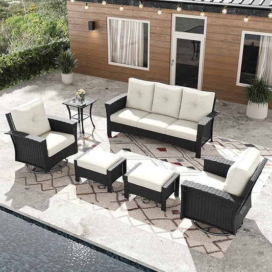 6 Pieces Outdoor Patio Furniture Set, Wicker Patio Sectional Set Conversation Wicker Swivel Chairs with Small Side Table