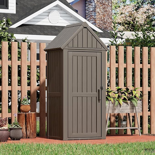 Fancyango Outdoor Resin Storage Shed, Upgrade Sturdy Storage Cabinet with Removable Shelves and Lock Ring, Reinforced Floor, All-Weather Construction for Garden Patio Lawn (Gray)
