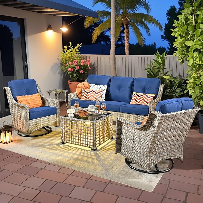 5 Pieces Patio Outdoor Furniture Set with Swivel Rocking Chairs,All Weather Wicker Rattan Patio Seating Sofa and Chair Set w/ Glowing Table,Outdoor Conversation Sets for Deck Yard Garden,Navy Blue