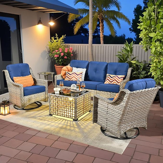 5 Pieces Patio Outdoor Furniture Set with Swivel Rocking Chairs,All Weather Wicker Rattan Patio Seating Sofa and Chair Set w/ Glowing Table,Outdoor Conversation Sets for Deck Yard Garden,Navy Blue