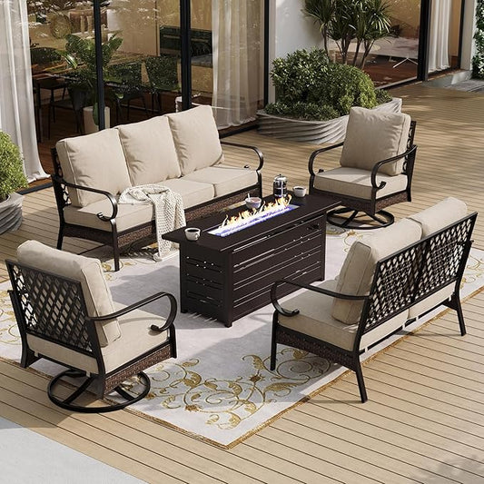 5 Piece Black Metal Outdoor Patio Furniture Sets with Firepit Table, Patio Conversation Sets 1 3-seater Sofa, 1 2-seater Sofa, 2 Swivel Sofa with 5.75" Cushion for Backyard Deck, Beige