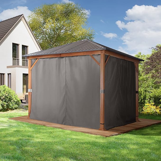 TOOLPORT Hardtop Gazebo 10x10 ft - Wood-Effect Finish - Steel Roof - 4 Side Panels in Gray