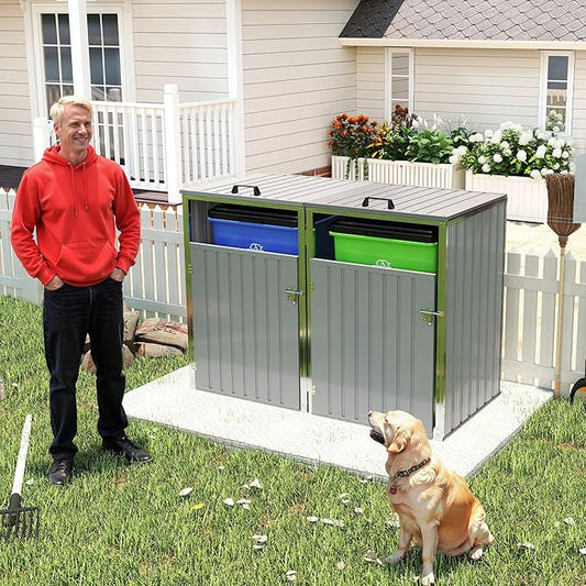 Outdoor Storage Shed Metal Trash Can Storage,54 Cu.Ft Garbage Can Storage Shed W/Lid Chain,Hydraulic Mechanism & Pneumatic Spring Support Rods,for 2 Trash Bins,Bike,Garden Tools,Light Gray