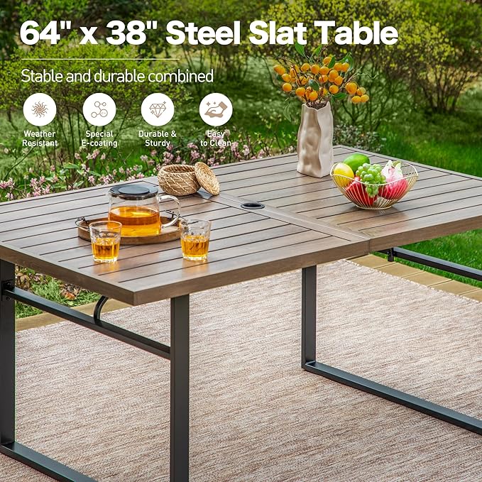 64" Patio Dining Table for 6,Teak Color Rectangle Patio Table with Umbrella Hole,E-Coating and Powder Coating Steel Frame Metal Outdoor Patio Table for Garden Backyard Lawn Yard