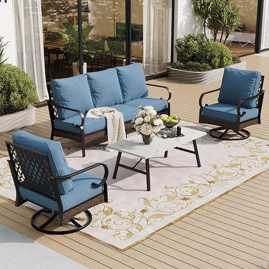 5 PCS Metal Outdoor Patio Furniture Set, Patio Conversation Sets 1 3-Seater Sofa, 2 Swivel Chairs with 5.75" Extra Thick Cushion & Coffee Table, Black Backyard Furniture, Denim Blue