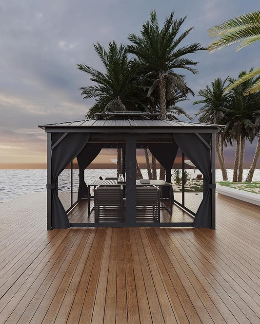 GarveeLife Hardtop Gazebo 10 ft x12 ft for All Weather, with Waterproof Double Metal Roof, Aluminum Alloy Frame, Net, and Curtain, Permanent Building for Patio, Deck, Backyard, Lawn, and Garden