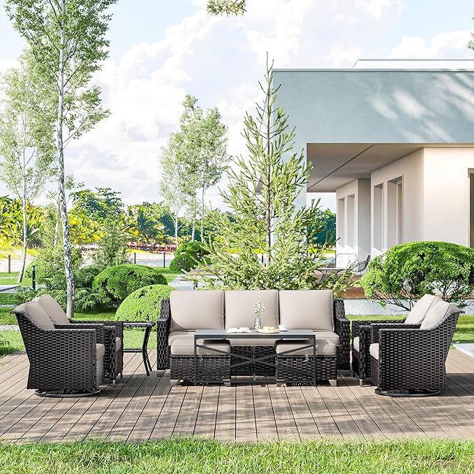 9 Pieces Wicker Patio Furniture, Luxury Outdoor Furniture with 2 Patio Swivel Chair, 2 Chair, 3-Seater Sofa, 2 Ottoman, 1 Coffee Table and 1 Side Table, Wide Armrest, Thickened Cushions