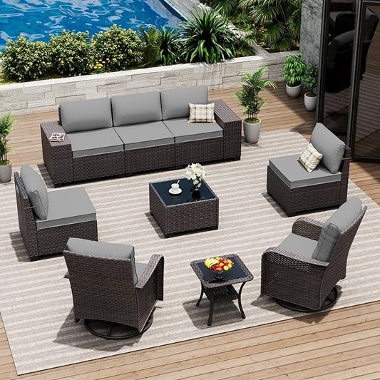 9 Pieces Patio Furniture Set with 2 Swivel Chairs Patio Furniture Outdoor Sectional Sofas Outdoor Patio Conversation Set - Grey